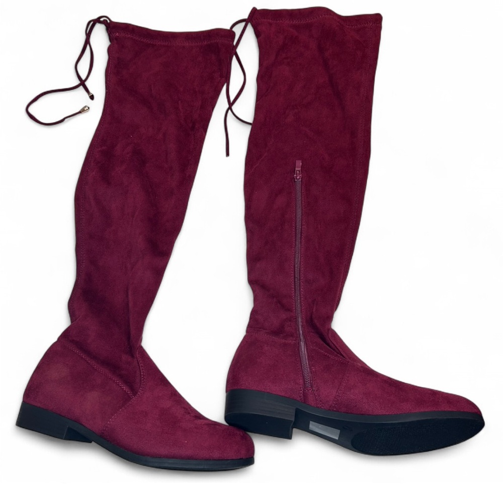 AKIRA Burgundy Over the Knee Boots with Chunky Sole and Lace-Up Design 7 NWT